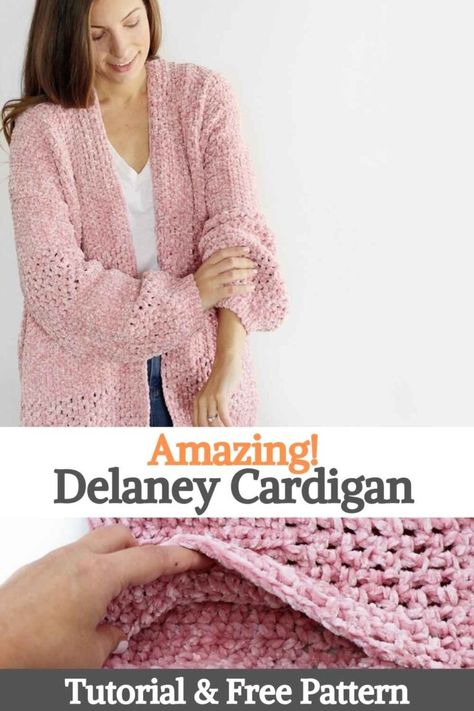 Crochet this luxurious velvet cardigan with Bernat Velvet (or whatever voluminous yarn you prefer). The Delaney Crochet Cardigan is airy and super soft. Covers wonderfully and is the perfect sweater for any time of year. This pattern is well suited for beginners (it's so easy!) And the cardigan works quickly, is easy to build, and will look beautiful layered over jeans, leggings, or your favorite loungewear. You can knit 9 different sizes from adult XS to 5XL. Let's talk about Bernat... Velvet Crochet Sweater, Crocheted Shrug, Bernat Velvet, Chunky Yarn Crochet, Cardigan Sweater Pattern, Velvet Cardigan, Crochet Cardigan Pattern Free, Crochet Cardigans, Crochet Cardigan Sweater