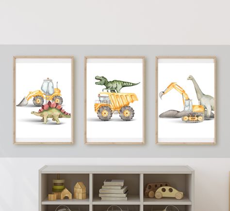 Printed and shipped version of my popular dinosaurs and Construction truck wall decor! Set of 3 : Bulldozer, excavator, and a dump truck! T-Rex and other dinosaurs.  They will be printed on 11x14 inch matte linen paper. Frames not included. These 11x14 prints will make the perfect addition to your kid's room, playroom, or nursery! -What's included       --PRINTED and SHIPPED 11x14 set of 3 construction trucks with Dino's wall art. ------NOT FRAMED.-----       --satisfaction guarantee, I'm availa Dinosaur Theme Room, Dinosaur Theme Bedroom, Truck Room Decor, Truck Room, Dinosaur Room, Construction Trucks, Dinosaur Wall Art, Room Decor Wall Art, Cool Wall Decor