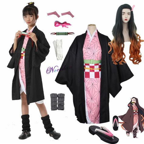 Demon Slayer Outfits Ideas, Nezuko Outfit, Nezuko Costume, Black Anime Print Costume Accessories For Cosplay, Anime Print Costume Accessories For Cosplay, Black Long Sleeve Cosplay Costume With Anime Print, Nezukos Kimono, Shinobu Cosplay, Kimono Cosplay