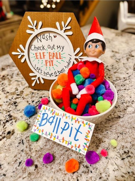 Elfing Around - Elf Ideas 2024 | A couple of ideas from last year | Facebook Elf Returns With Another Elf, Elf Ball Pit, Elf On The Shelf Returning Ideas, Classroom Elf, Elf On The Shelf Idea, Elf Shelf, Mini Candy Canes, Elf On Shelf Ideas, Elf Activities