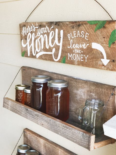 Honor System Signs, Self Serve Honey Stand, Honor System Farm Stand Signs, Honor System Farm Stand, Sims Farm, Bread Stand, Farm Market Ideas, Honey Business, Farm Stand Ideas