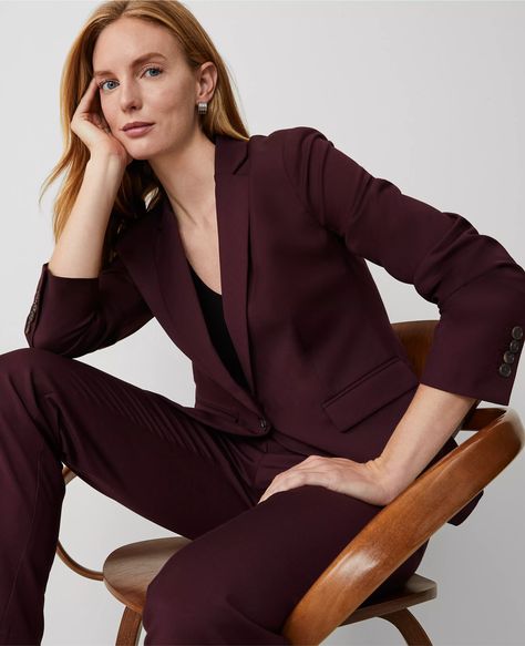 The Notched One Button Blazer in Wool Blend Stretch Maroon Suit, Plaid Trench Coat, Corporate Women, Jacket Outfit Women, One Button Blazer, Purple Suits, Business Casual Work, Work Clothing, Business Casual Outfits For Women