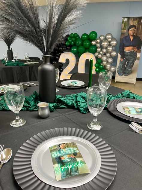 Birthday party decor 
Blunts n brunch 
Green and black party decor 
Table decorations Blunts And Brunch, Blunts And Brunch Party Ideas, 24th Birthday Theme, 22nd Bday, Brunch Decor, Birthday Week, 24th Birthday, Birthday Brunch, Party Inspo