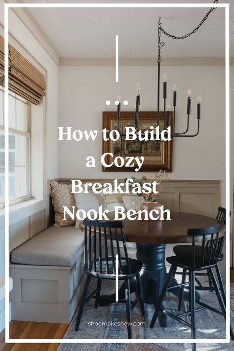 How to build a cozy breakfast nook bench in a well-lit dining area. Breakfast Nook Built In Seating, Storage Bench Breakfast Nook, Kitchen Breakfast Nooks Corner, What To Do With A Breakfast Nook, Kitchen Bankette Ideas, Kitchen Nook Diy, Diy Breakfast Nook Bench, Diy Kitchen Nook, Breakfast Nook Sitting Area