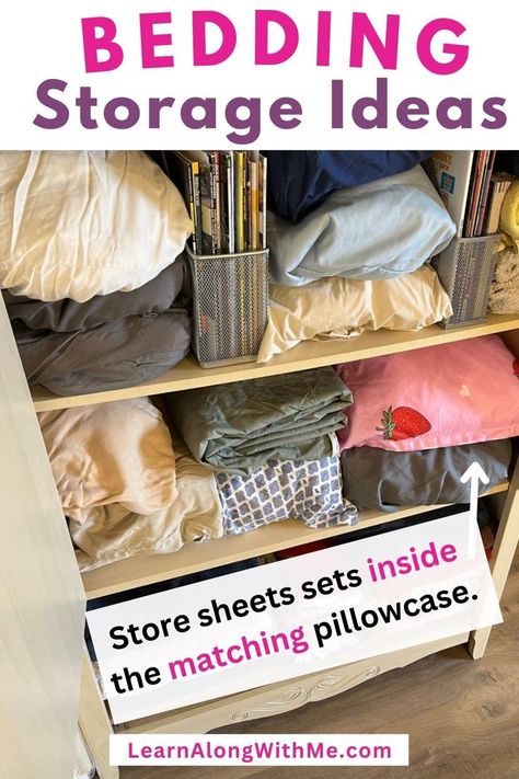 Don't have a linen closet? Many of these bedding storage ideas will still work for you.
This is inside a storage cabinet (a wardrobe) that has been converted into a storage space for bedding. Place the sheets inside their matching pillowcase to keep the set together. 
Then you can stack these bedding bundles on top of each other. To keep them from falling over you can use shelf dividers (or magazine holders like in this photo). 

Click to check out the list and see what'll work for you. Bedsheet Storage Ideas, Store Extra Bedding, Comforter Storage Ideas, Bedding Storage Ideas, Organizing Sheets, Bedding Bundles, Beachy Boho Bedroom, Organization Hacks Diy, Sheet Storage