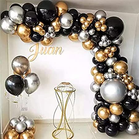 Black Gold Silver Party, Papas Birthday, 60th Birthday Ideas For Dad, Baloon Garland, Party Balloon Arch, Backdrop Graduation, Golden Party, Gold And Black Background, 18th Birthday Party Themes