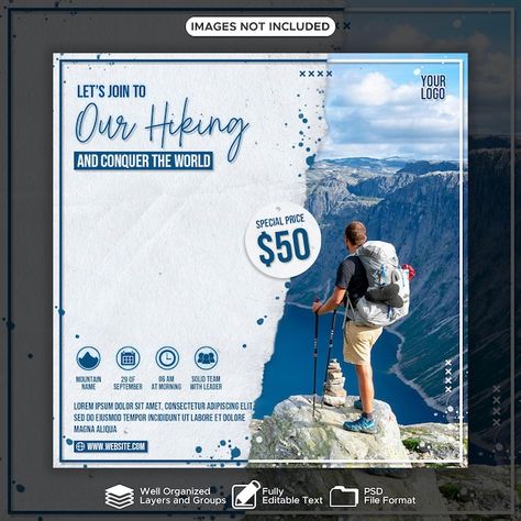 PSD hiking and camp flyer template desig... | Premium Psd #Freepik #psd Camp Flyer, Design For Social Media, Template For Social Media, Hiking Training, Social Media Promotion, Hiking Tips, Travel Tours, Travel Deals, Team Names