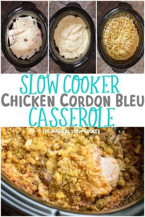 Slow Cooker Chicken Cordon Bleu Casserole is a layered dinner that has chicken, ham, swiss cheese, creamy sauce and stuffing on top. - The Magical Slow Cooker #slowcookerecipes #chickencordonbleu Crockpot Chicken Cordon Bleu, Chicken Cordon Bleu Casserole Recipe, Casserole Crockpot, Beef Crockpot, Summer Crockpot, Magical Slow Cooker, Cordon Bleu Casserole, Cordon Blue, Chicken Cordon Bleu Casserole