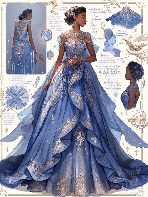 Blue Butterfly Ball Gown, Blue And Gold Princess Dress, Royal Blue Sweet 16 Dresses Ball Gowns, Blue Fantasy Dress, Dreamy Gowns, Dress Design Drawing, Design Moda, Fantasy Dresses, Fashion Drawing Dresses