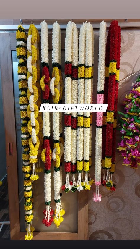 Struck by these beauties!!! For details Whatsapp 8466993323 or send direct message. #kairagiftworld #decorationhangings #garlands # Nilavu Malai Design, Yellow Flower Garland, God Frame, Flower Mala, Door Flower Decoration, Flower Garland Diy, Plastic Bag Crafts, Indian Wedding Flowers, Home Flower Decor