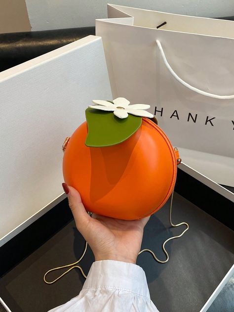 Orange  Collar  PU Leather Fruit&Vegetable Circle Bag,Dome Bag Embellished   Women Bags Funky Purses, Dome Bag, Orange Purse, Novelty Purses, Orange Handbag, Circle Bag, Leather Clutch Purse, Bag With Chain, Estilo Preppy