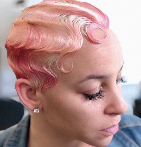 Pink and blonde finger waves Finger Waves Straight Hair, Finger Waves Blonde Hair, Finger Waves Short Hair Color, Dyed Finger Waves, Colorful Fingerwaves, Honey Blonde Finger Waves, Pink Finger Waves, Blonde Finger Waves, Finger Waves For Black Women