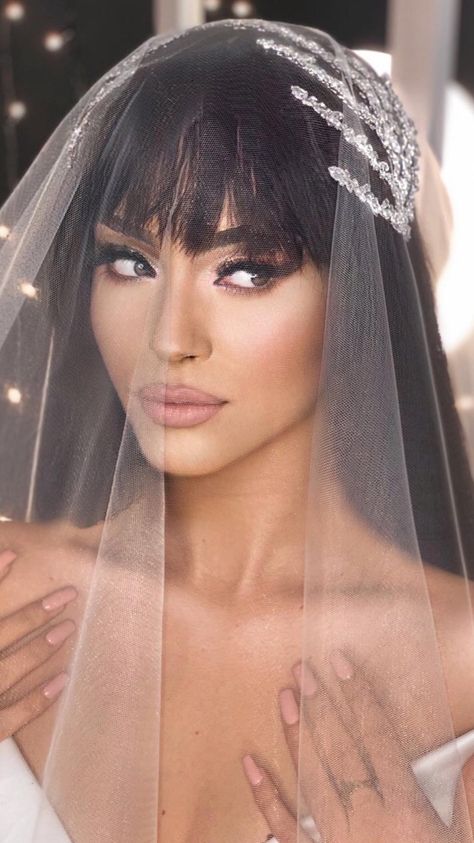 Brides With Bangs, Bride With Bangs, Bridal Hair Accessories With Veil, Wedding Hairstyles With Crown, Vacation 2023, Short Bangs, Gowns Wedding, Ball Gowns Wedding, Bridal Hair Accessories