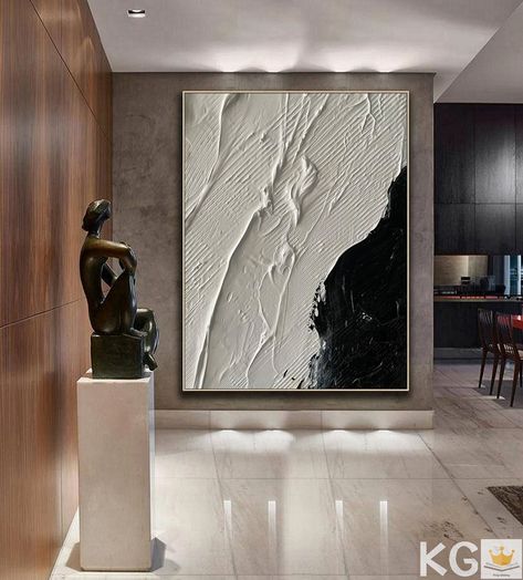 Black Abstract Painting, Abstract Painting Black, Plaster Wall Art, Reception Room, White Wall Decor, Textured Painting, Art Texture, White Minimalist, Black And White Painting