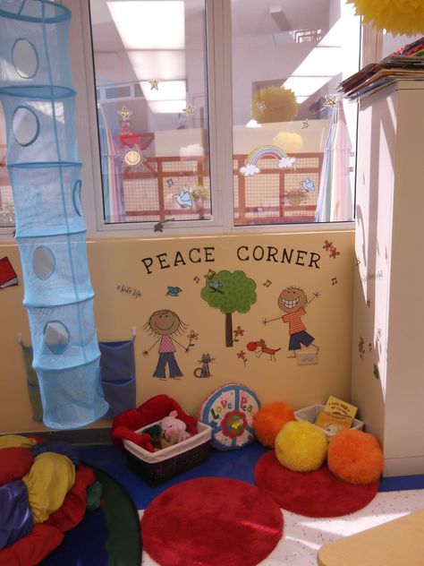 My classroom peace corner Classroom Relaxation Corner, Relaxation Corner In Classroom, Peace Corner Classroom Ideas, Preschool Quiet Area Ideas Cozy Corner, Safe Space Classroom Cozy Corner, Peace Corner Montessori, Peace Activities, Peaceful Classroom, Kindergarten Start