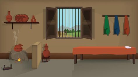 Village room inside vector, poor mud house room interior cartoon background illustrations. Jungle Cartoon, Free Cartoon Characters, Cartoon Maker, Bedroom Cartoon, House Cartoon, Mud House, Free Green Screen, Cartoon House, Kids Background