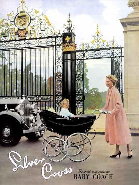 What a beautifully majestic setting for this 1959 Silver Cross advertisement – very fitting indeed for the world’s most exclusive baby coach. The elegantly-dressed lady is pushing the luxurious Silverdawne, which was newly launched at the time. Stroller Illustration, Silver Cross Prams, Vintage Stroller, Childhood Memories 60's, Magazine Advert, Vintage Pram, Baby Buggy, Baby Mine, Prams And Pushchairs