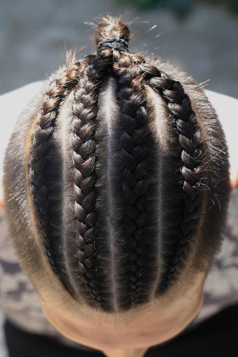 Trendy Cornrows, Man Bun Braids, Undercut Braids, Mens Ponytail Hairstyles, Cornrows Men, Long Undercut, Bun Braids, Braids With Fade, Braided Man Bun