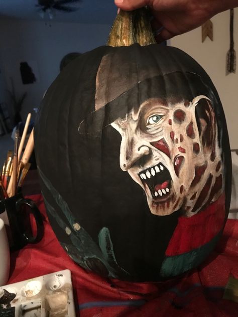 Freddy Krueger Pumpkin Painting, Freddy Krueger Pumpkin, Nikki Rodriguez, Creative Pumpkin Painting, Painting Pumpkins, Halloween Pumpkin Designs, Pumpkin Designs, Painted Pumpkin, Creative Pumpkins