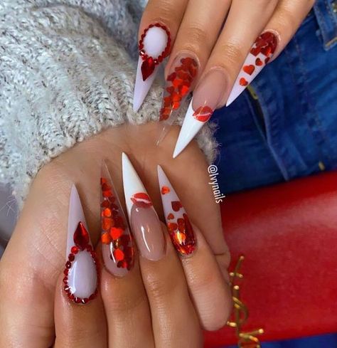 Valentines Day Nails Stiletto Shape, Valentines Nails Stiletto, White Sparkle Nails, Clear Nail Designs, Pink Tip Nails, Stilleto Nails Designs, Snow Nails, Valentines Day Nail, Chic Nail Designs