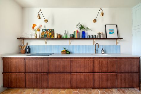 The Punchy Green Laundry Room and Pastel Blue Tub in This Home Put the Fun in Functional Custom Fronts, Herringbone Kitchen, Bamboo Kitchen, Colorful Apartment, Van Der Straeten, London Kitchen, Plywood Cabinets, Kitchen Splashback, Apartment Renovation