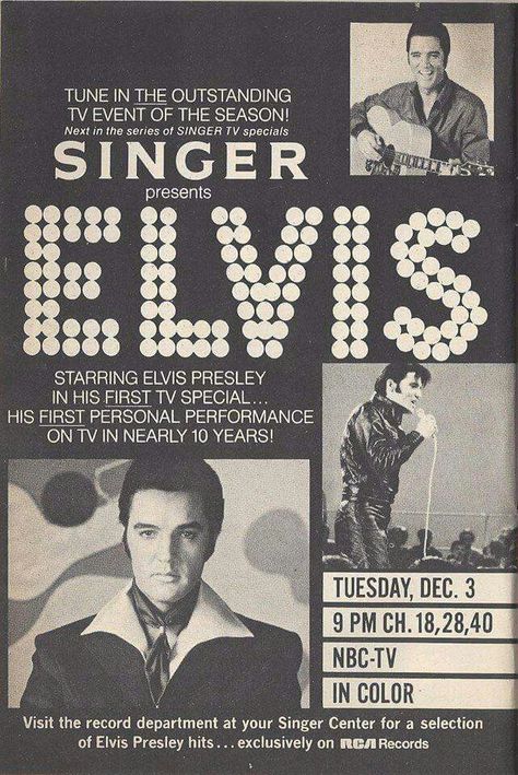 Newspaper ad for Elvis' 68 Comeback Special Elvis 68 Comeback, Elvis 68 Comeback Special, Elvis Jumpsuits, Nbc Tv, The Comeback, Rca Records, First Tv, November 3, Tv Guide