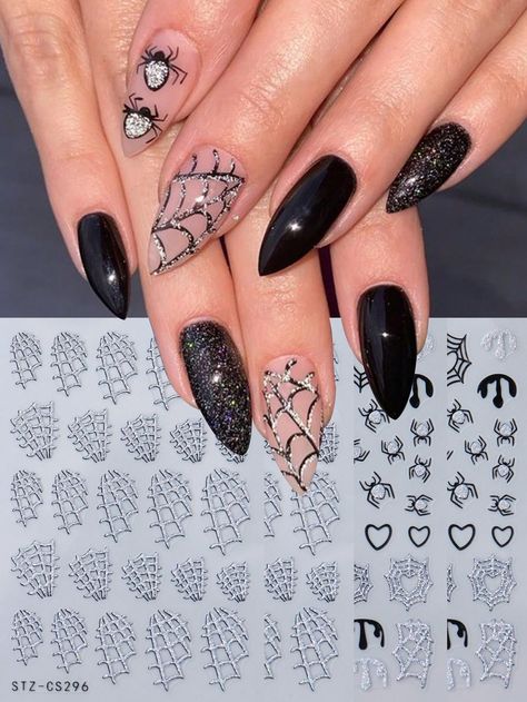 Halloween Nails With Spiders, Halloween Nails Maroon, Simple Spiderweb Nails, Cute Spider Nails, Halloween Nails With Glitter, Halloween Nails With Stickers, Halloween Sparkle Nails, Sparkle Halloween Nails, Glitter Spider Web Nails