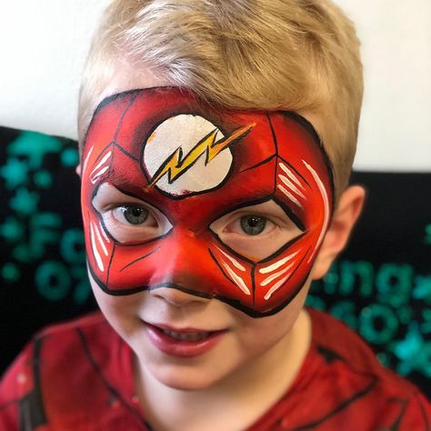 The Flash by Emerald Face Painting Flash Face Paint, Fox Face Paint, Dinosaur Face Painting, Superhero Face Painting, Face Painting Images, Caricature Drawings, Face Painting For Boys, Professional Face Paint, Face Paint Kit