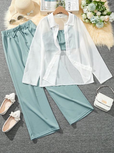 Green Casual Collar   Colorblock,Plain  Embellished Non-Stretch  Teen Girls Clothing Tank Tops With Shirt Outfits, Bae Outfits, College Dress, Korean Top, Shirt Crop Top, Korean Summer Outfits, Bath Ball, Ways To Wear A Scarf, Fashion Top Outfits