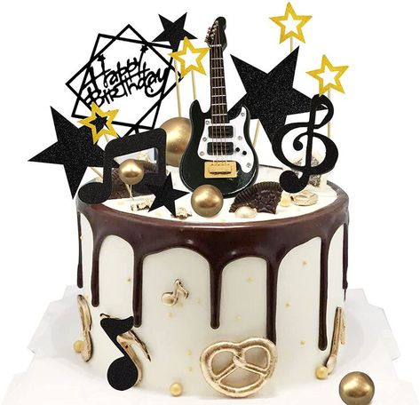 Set of 24 cake topper picks includes 1 electric guitar model; 4 gold pearl ball cake toppers; 6 music note cake toppers; 5 gold star cake toppers; 7 black star cake topper; 1 black happy birthday cake topper. Rock Theme Party, Music Note Birthday Cake, Music Cake Ideas, Guitar Cake Topper, Music Birthday Cake, Rock Star Cakes, Festa Rock Roll, Guitar Birthday Cakes, Bolo Musical