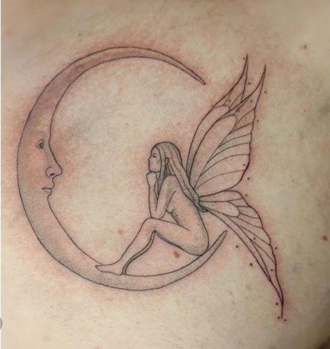 Tattoo Art Drawings Sketches, Mermaid Sleeve Tattoos, Rocking Bed, Girl With Wings, Fairy Tattoos, Pretty Moon, Sitting On The Moon, Sibling Tattoos, Moon Fairy