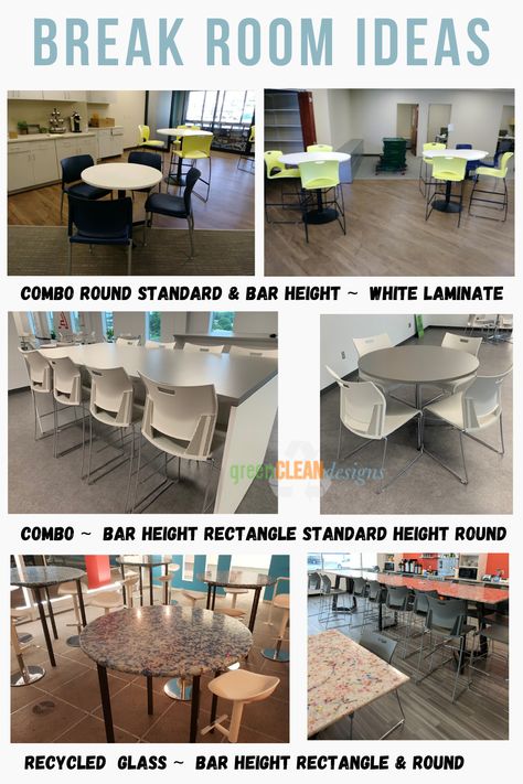 Every office needs a break room.  Here are some of employee break room design ideas showing a mixture of standard and bar height tables and chairs.  Whether it is laminate or recycled glass, your break room should be easy to clean and nice place for team members to relax. Break Room Table And Chairs, Employee Lunch Room Ideas, Staff Lunch Room Ideas, Hotel Employee Break Room, Employee Breakroom Ideas, Office Break Room Decor, Breakroom Ideas Work Retail, Office Breakroom Ideas Work Small, Employee Break Room Decorating Ideas