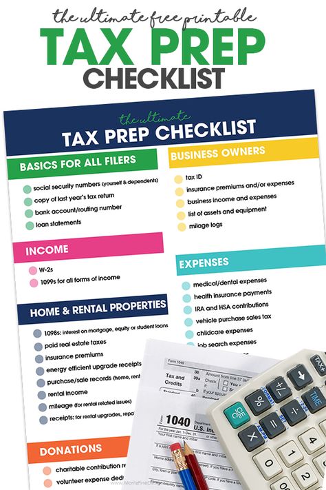 Printable Tax Prep Checklist on white background with a calculator, pencils and 1040 form. Tax Prep Checklist, Tax Checklist, Tax Organization, Prep Checklist, Income Tax Preparation, Tax Consulting, Tax Prep, Finance Printables, Tax Time