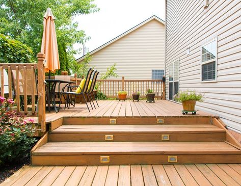 Simple Deck Design Ideas to Improve Your Outdoor Space | GNH Simple Deck Designs, Outdoor Hangout, Deck Landscaping, Easy Deck, Deck Design Ideas, Simple Deck, Multi Level Deck, Manufactured Stone Veneer, Raised Deck