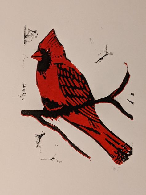 Linoleum cut red cardinal. I'm really happy with this one Cardinal Aesthetic, Cardinal Linocut, Cardinal Bird Illustration, Cardinal Illustration, Cardinal Illustration Vintage, Robin Lino Print, Birds Lino Print, Cardinal Folk Art, Stamping Fabric