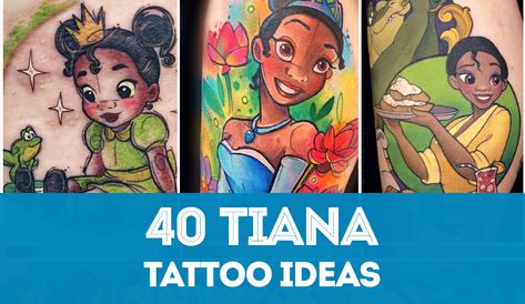 Huge list of ideas if you’re considering a Princess Tiana tattoo. Tiana tattoos feature one of Disney's most popular princesses. Princess Tiana Tattoos, Tiana Tattoo Ideas, Disney Tattoos Princess, Princess Tiana Tattoo Ideas, Princess Tiana Tattoo, Disney Key Tattoo, Tiana Tattoo, Princess And The Frog Tattoo, Snow White Tattoos