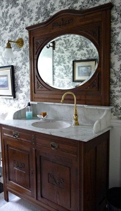 Antique Furniture As Bathroom Vanity, Furniture Sinks Bathroom, Small Antique Bathroom Vanity, Antique Sink Vanity, Antique Buffet Vanity, Small Bathroom Window Ideas, French Bathroom Ideas, Victorian Bathroom Accessories, Vintage Bathroom Mirrors