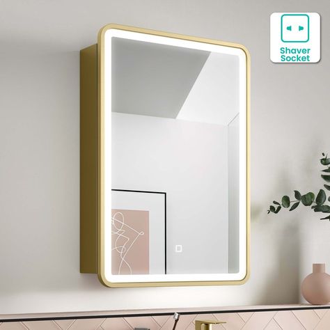 Mirror Bathroom Ideas, Brass Bathroom Mirror, Brushed Brass Bathroom, Mirror Bathroom, Brass Bathroom, Mirror Cabinet, Blue Bathroom, Mirror Cabinets, Led Mirror