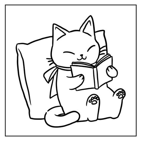 Coloring page cartoon cat reading book c... | Premium Vector #Freepik #vector #design #character #cartoon #cat Cat Injuries, Cat Reading Book, Reading Cartoon, Reka Bentuk Grafik, Kitten Drawing, Monster Coloring Pages, Drawing Cartoon Characters, Cat Reading, Cars Coloring Pages