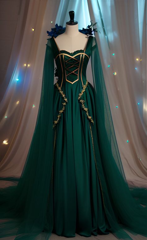 Villian Core Clothes, Green Goddess Dress, Emerald Green Fantasy Gown, Unibloom Dress, Fancy Green Dress, Asgardian Clothing, Green Dress Aesthetic Royal, Green Fantasy Outfit, Fairy Gown Goddesses