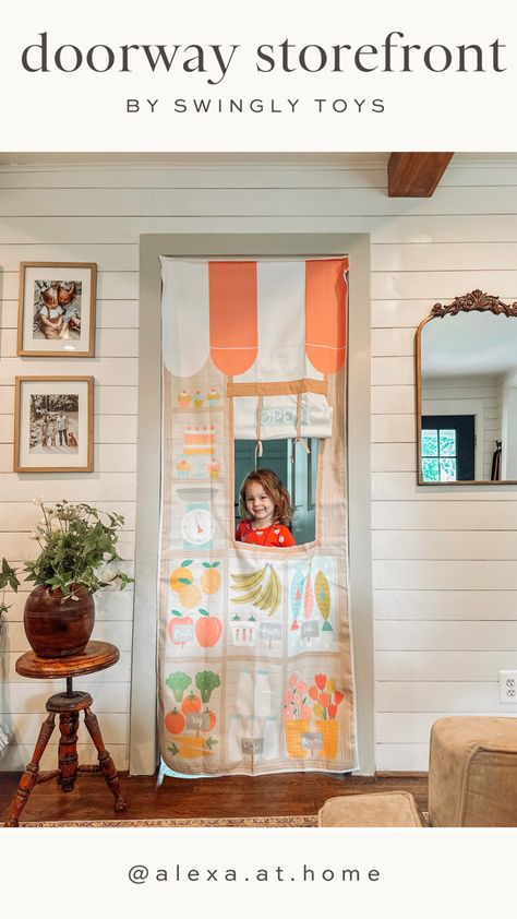 Alexa Mahaffey | home design & renovation on Instagram: "Doorway Storefronts by @swinglytoys are the ideal playhouses for inspiring entrepreneurial play in kids, especially when space is limited. These innovative playhouses hang conveniently in doorways using removable Velcro strips and can be set up in just seconds! Crafted from high-quality fabric, Doorway Storefronts come in a variety of adorable prints, from farmers markets to camper food trucks. Say goodbye to cluttered play spaces and he Diy Framed Wallpaper, Framed Wallpaper Panels, Camper Food, Market Bakery, Nursery Design Girl, Big Girl Bedrooms, Play Spaces, Framed Wallpaper, Farmers Markets