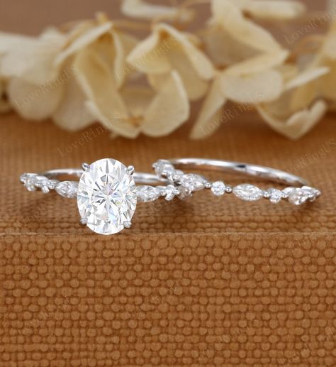 2ct Oval Moissanite Engagement Ring Set Unique White Gold Cluster Engagement Ring Vintage Marquise Wedding Ring Bridal Set Anniversary Gift - Etsy Moisannite Engagement Rings White Gold, Wedding Ring Sets Stacked Simple, Wedding Ring And Band Sets Oval Diamond, Wedding Rings 3 Piece Set, Unique Wedding Band For Oval Engagement Ring, Oval Engagement Ring Set Silver, Silver Engagement Rings With Wedding Band, Wedding Ring Silver Oval, Silver Moissanite Ring