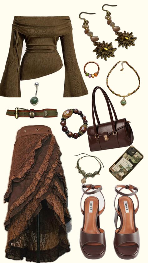 Earthy Spiritual outfit green brown hippie boho skirt crop top heels jewelry earrings Teachers Outfits, Olivia Dunne, Looks Hippie, Coachella Outfits, Mode Hippie, Earthy Outfits, Estilo Hippie, Hippie Style Clothing, Swaggy Outfits