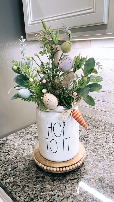 Spring Arrangements Rustic, Easter 2023 Decor, Easter Farmhouse Decor Diy, Easter Shelf Decor, Rustic Easter Decor Ideas, Rae Dunn Easter Display, Easter House Decor, Farmhouse Easter Decor Ideas, Easter Home Decorations