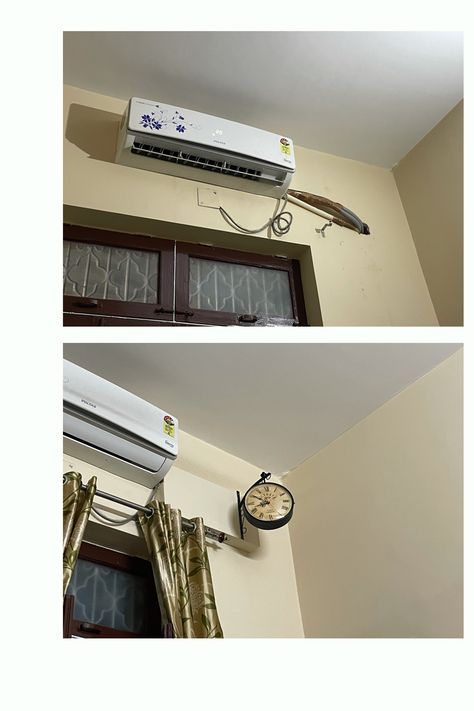 Creative way of hiding AC pipes in living room. Hiding Pipes On Wall, Ac Pipe Covering Ideas, Ideas To Cover Pipes On Wall, How To Hide Ac Pipes In Room, How To Hide Pipes On Wall, Ideas To Hide Pipes On Wall, Hide Wires On Wall, Air Conditioner Hide, Hide Pipes