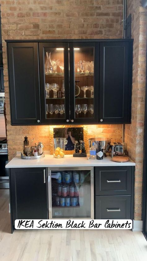 Black Bar Cabinets, Exposed Brick Backsplash, Kitchen Exposed Brick, Black Bar Cabinet, Ikea Sektion, Ikea Bar, Home Bar Cabinet, Coffee Bar Ideas, Bar Cabinets