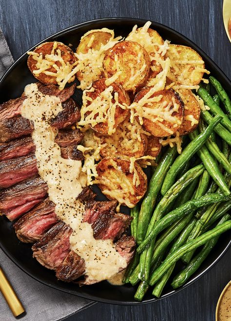 Easy gourmet beef recipe with garlic parmesan potato clusters and roasted green beans | More recipes on www.HelloFresh.com Gourmet Beef Recipes, Hello Fresh Dinners, Bavette Steak, Shallot Sauce, Recipe With Garlic, Parmesan Potato, Hello Fresh Recipes, Beef Recipe, Garlic Recipes