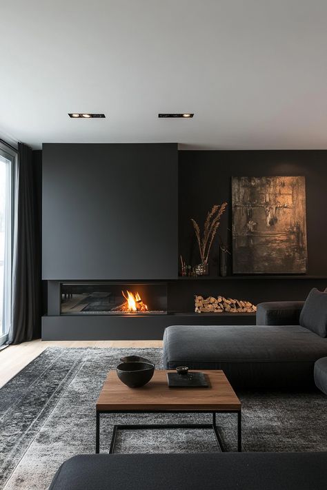 Top13 Black And Brown Living Rooms For A Cozy Feel - DreamyHomeStyle Black Interior Home Design, Dark Luxury Living Room, Dark Minimalist Living Room, Modern Moody Living Room, Black And Wood Living Room, Dark Cozy Living Room, Grey And Black Living Room, Dark Living Room Aesthetic, Brown Living Rooms