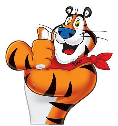 Tony the Tiger is the mascot for the Kellog's cereal Frosted Flakes. Tony the Tiger's catchphrase is "They're Grrreat" which is spelled out on the box just as it appears here. Originally Tony competed against three other potential mascots for Frosted Flakes. Katy the Kangaroo, Elmo the Elephant and Newt the Gnu (a gnu is pretty much the same thing as a wildebeest) were the his competition. Within a year the other three were dropped (Katy being the only one to actually appear on a cereal box... Kellogs Cereal, Chinese Lunar Calendar, Tony The Tiger, Cartoon Network Characters, Speculative Design, Year Of The Tiger, Catch Phrase, Newt, Butterfly Wallpaper