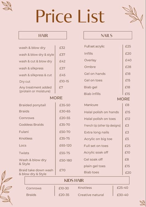 Download twoDownload Two beauty services editable luxury and elegant price lists , ready to print (SVG, Al , doc , png , jpg , pdf ) A5 .#etsy #pricelist #template #beautyservicepricelist #editable #download #luxury beauty services editable luxury and elegant price lists , ready to print (SVG, Al , doc, png , jpg , pdf ) A5 Hair Stylist Price List Template, Full Set Acrylic, Wash And Blow Dry, Blowdry Styles, Price List Design, Braiding Your Own Hair, Price List Template, Price List, Salon Services